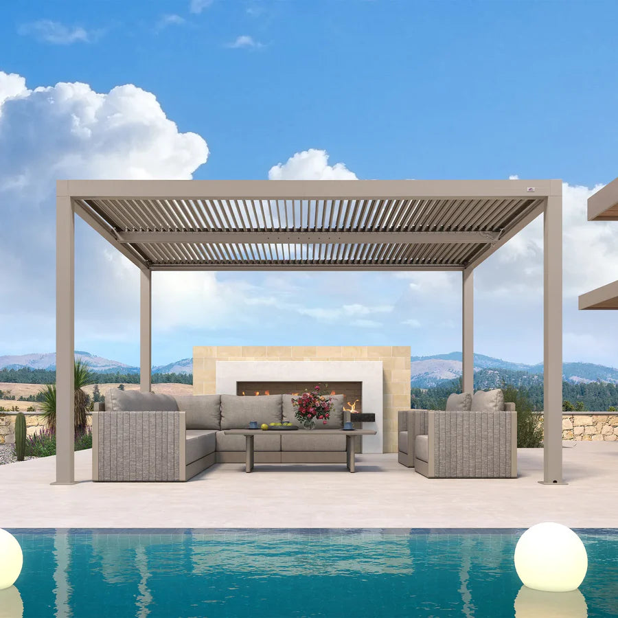 Modern Champagne Pergola with Adjustable Roof for Deck Backyard Garden 10' x 13'