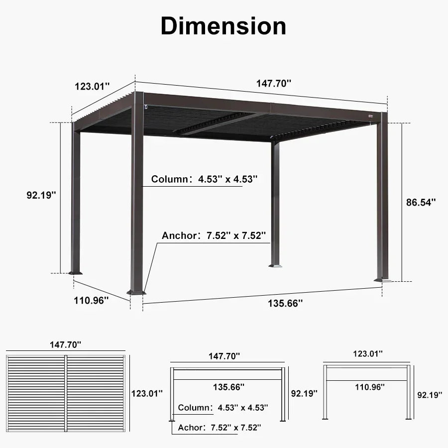 Modern Bronze Patio Aluminum Pergola for Deck Backyard Garden Hardtop Gazebo 10' x 12'