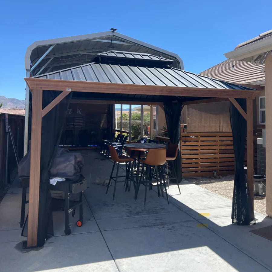Hardtop Gazebo for Patio Wood Grain Galvanized Steel Frame Awning with Netting 10' x 12'
