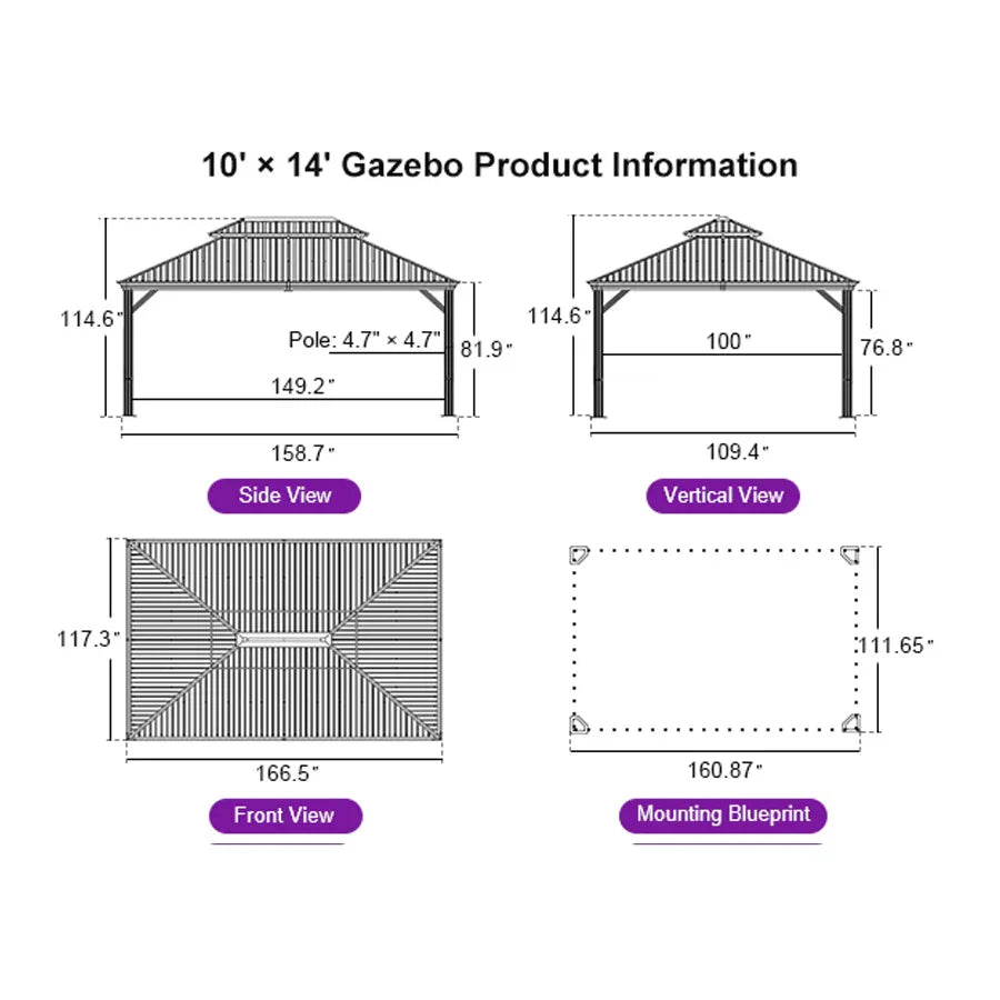 Hardtop Gazebo for Patio Wood Grain Galvanized Steel Frame Awning with Netting 10' x 14'