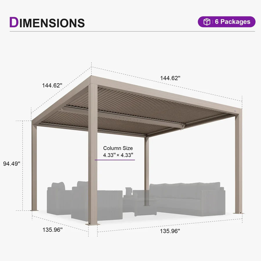 Modern Champagne Pergola with Adjustable Roof for Deck Backyard Garden 12' x 12'