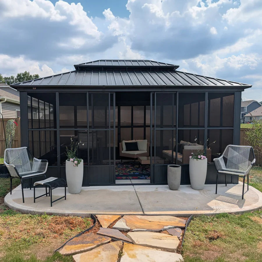 Sunroom Hardtop Gazebo Solarium Grey Galvanized Steel Double Roof All-Weather Aluminum Outdoor Screen House 12' x 16'