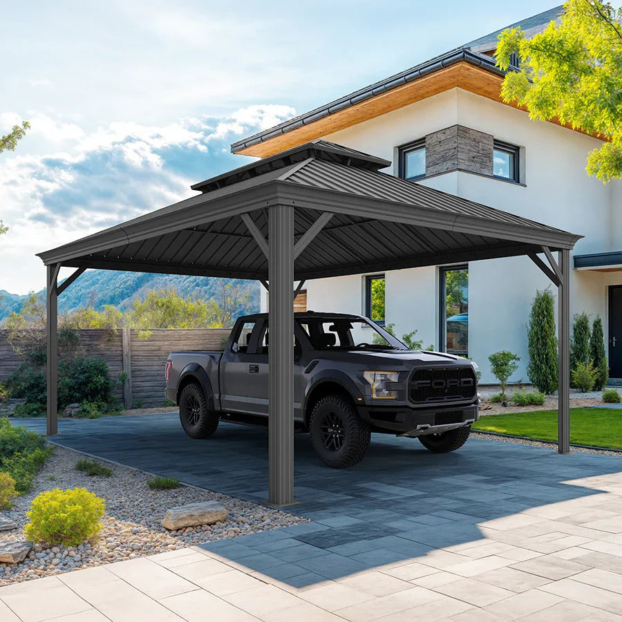 Outdoor Metal Carport with Grey Steel Roof and Aluminum Frame Protective Shelter 12' x 16'