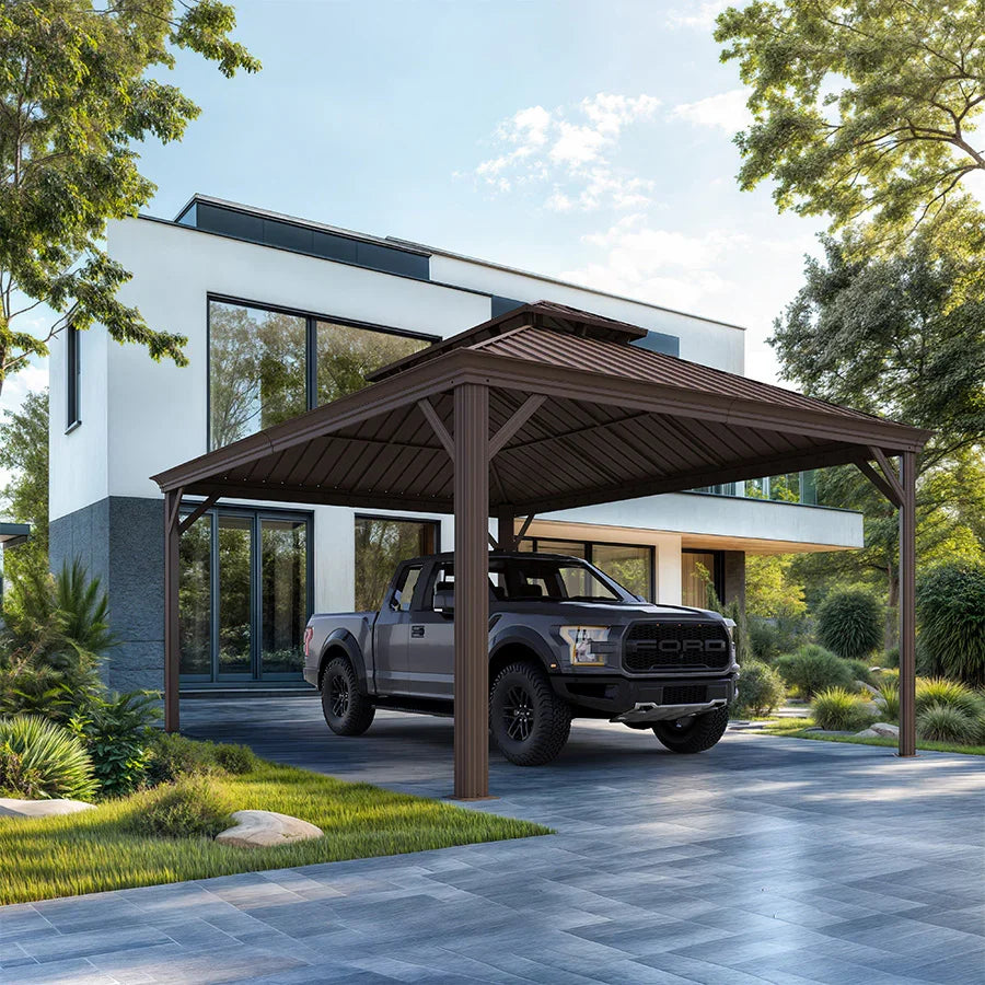 Outdoor Metal Carport Gazebo Bronze Steel Roof Aluminum Frame Shelter for Parking 12' x 16'