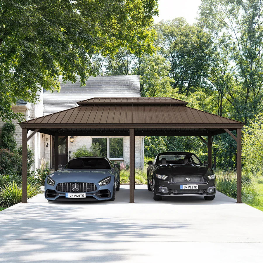 Outdoor Metal Carport Gazebo Bronze Steel Roof Aluminum Frame Shelter for Parking 12' x 20'