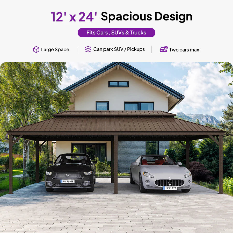 Outdoor Metal Carport Gazebo Bronze Steel Roof Aluminum Frame Shelter for Parking 12' x 24'