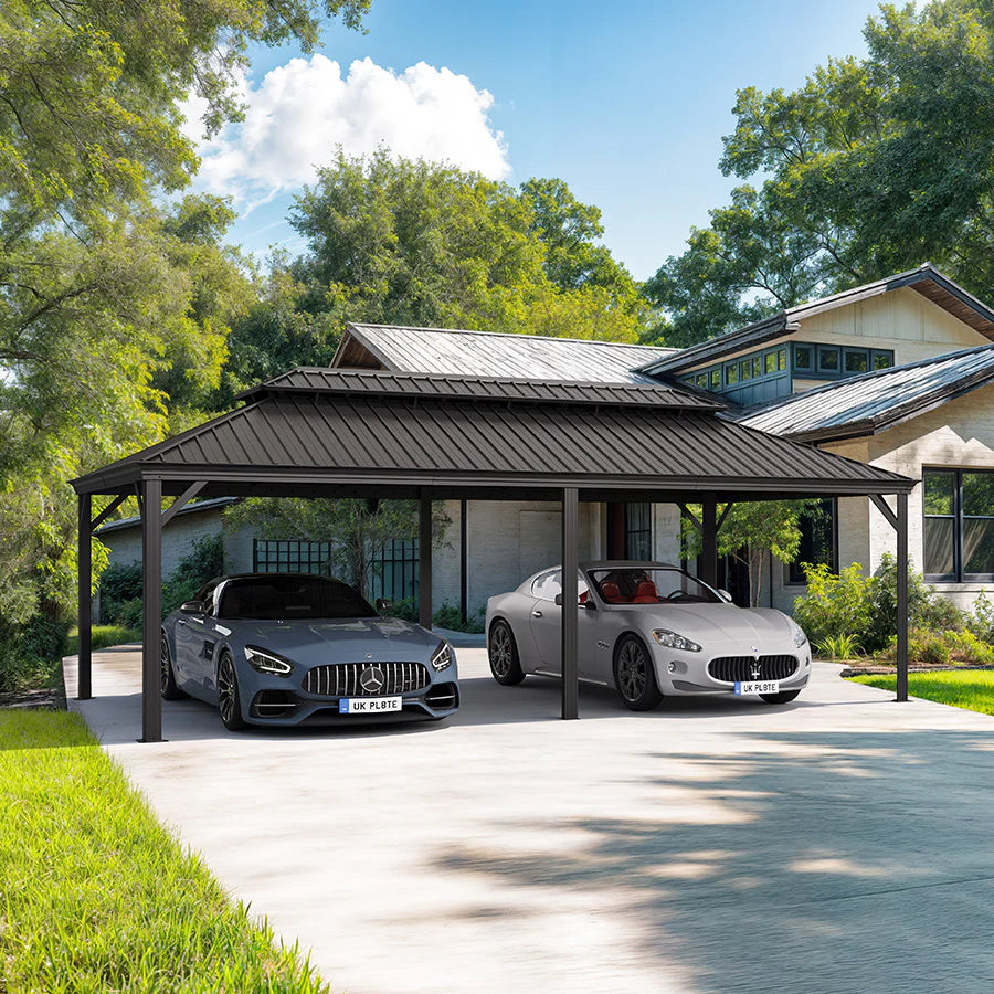 Outdoor Metal Carport with Grey Steel Roof and Aluminum Frame Protective Shelter 12' x 24'