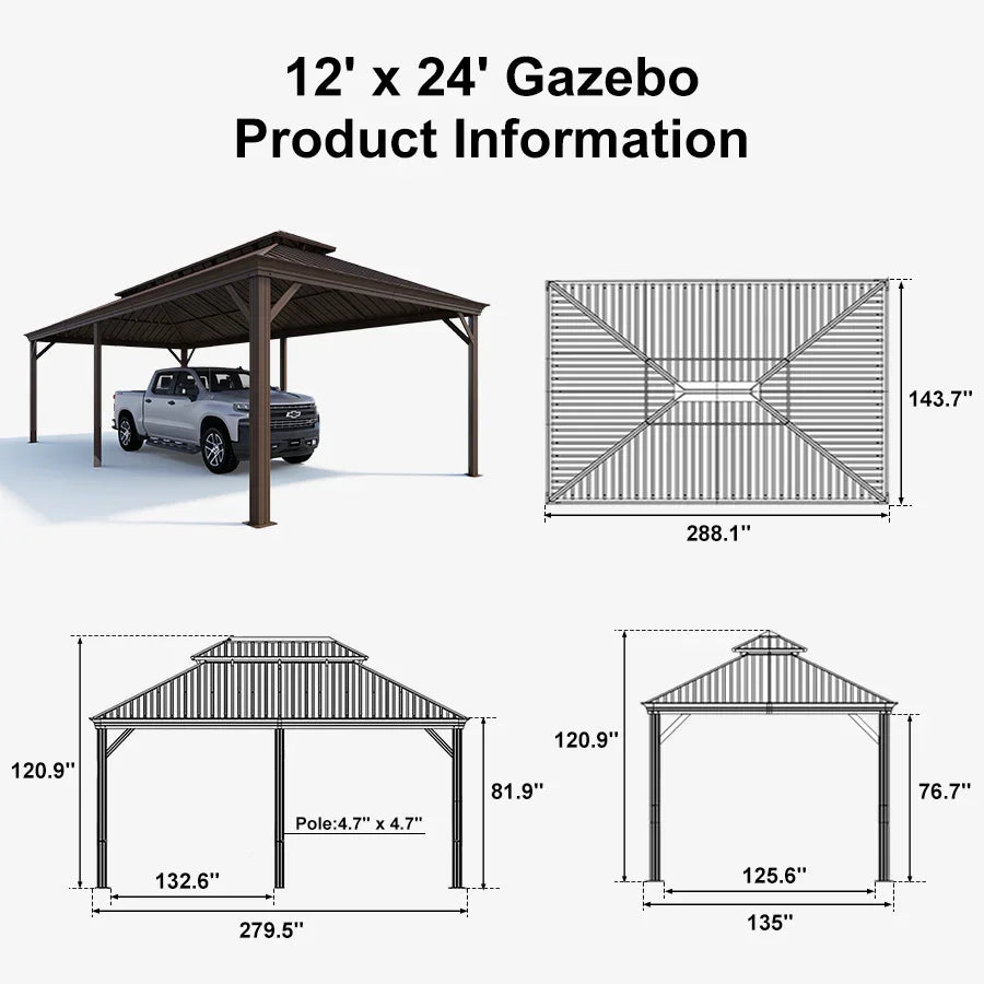 Outdoor Metal Carport Gazebo Bronze Steel Roof Aluminum Frame Shelter for Parking 12' x 24'