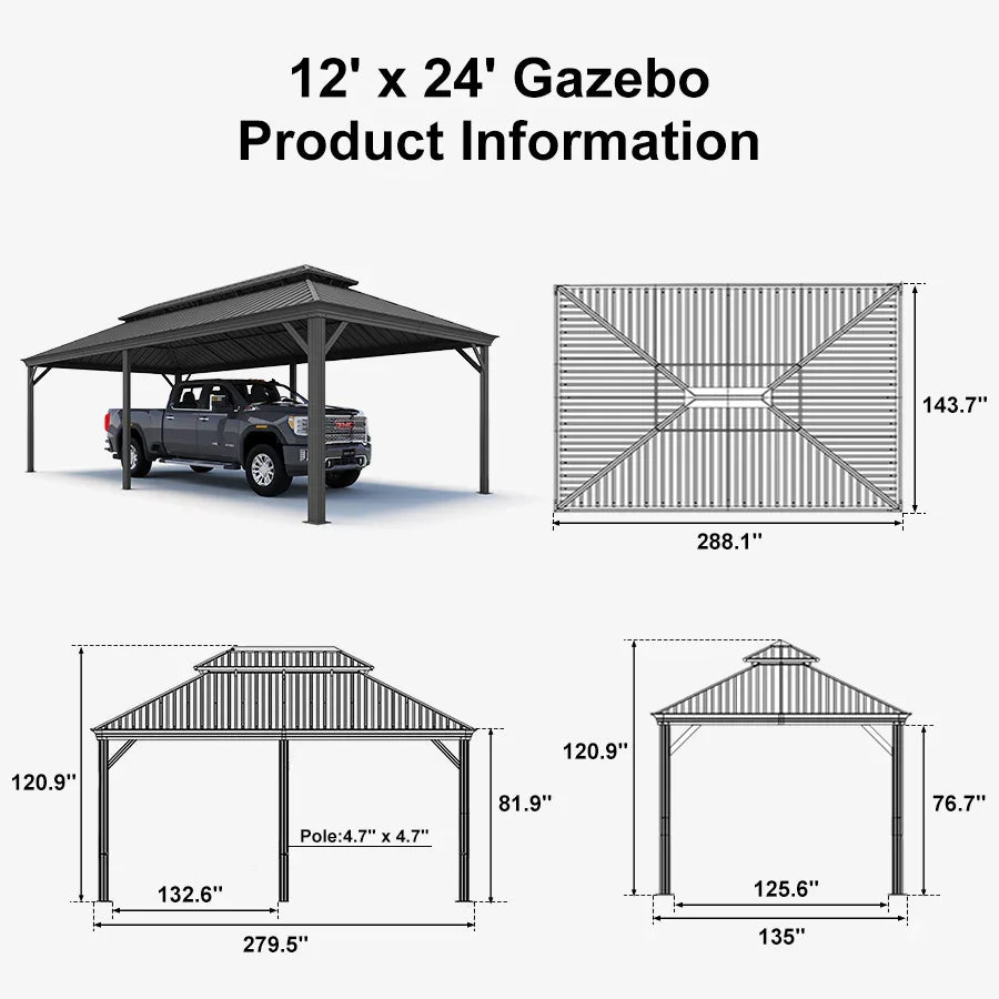 Outdoor Metal Carport with Grey Steel Roof and Aluminum Frame Protective Shelter 12' x 24'