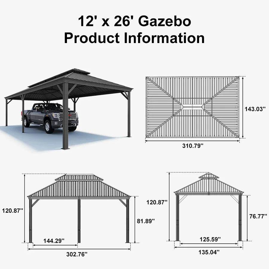 Outdoor Metal Carport with Grey Steel Roof and Aluminum Frame Protective Shelter 12' x 26'