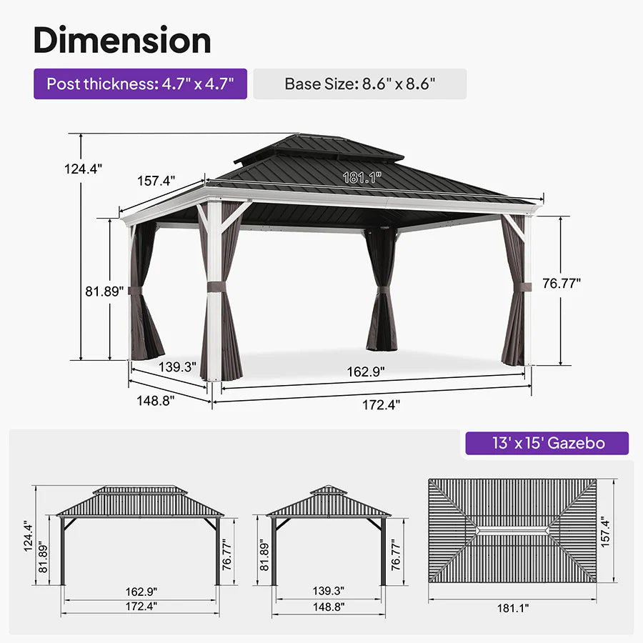 White Gazebo for Modern Patio Double Galvanized Steel Roof Awning and Upgrade Curtain 13' x 15'