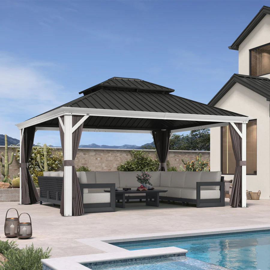White Gazebo for Modern Patio Double Galvanized Steel Roof Awning and Upgrade Curtain 13' x 15'