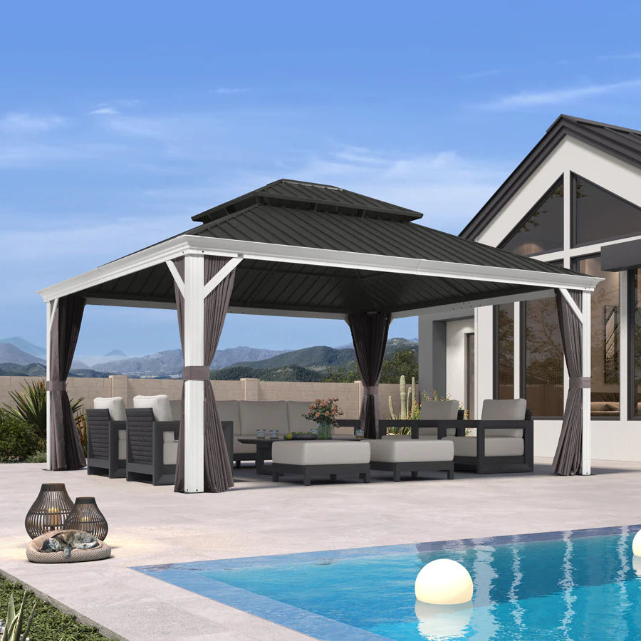 White Gazebo for Modern Patio Double Galvanized Steel Roof Awning and Upgrade Curtain 14' x 16'