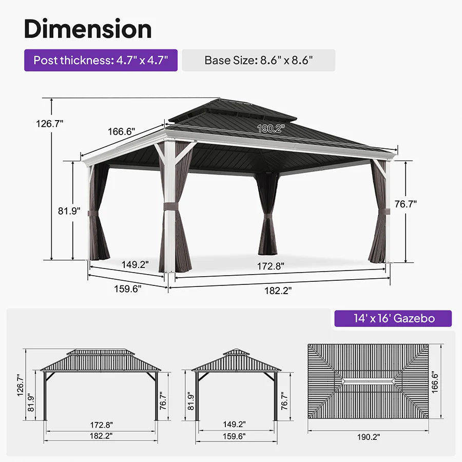 White Gazebo for Modern Patio Double Galvanized Steel Roof Awning and Upgrade Curtain 14' x 16'