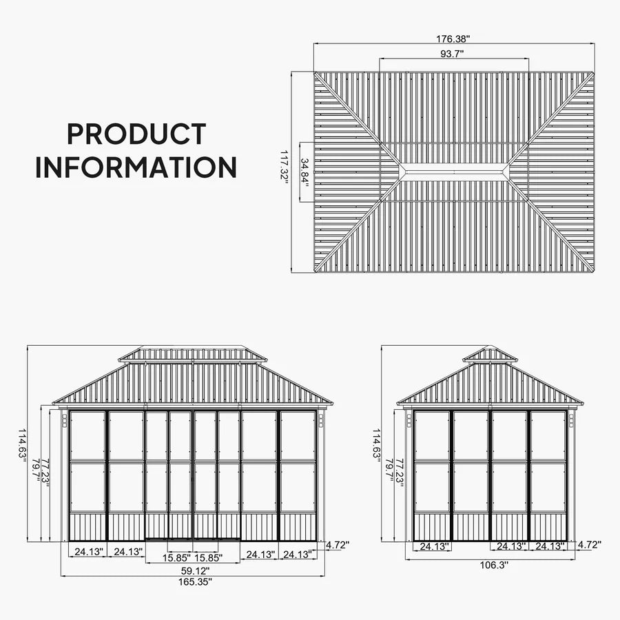 Sunroom Hardtop Gazebo Solarium Grey Galvanized Steel Double Roof All-Weather Aluminum Outdoor Screen House 10' x 15'
