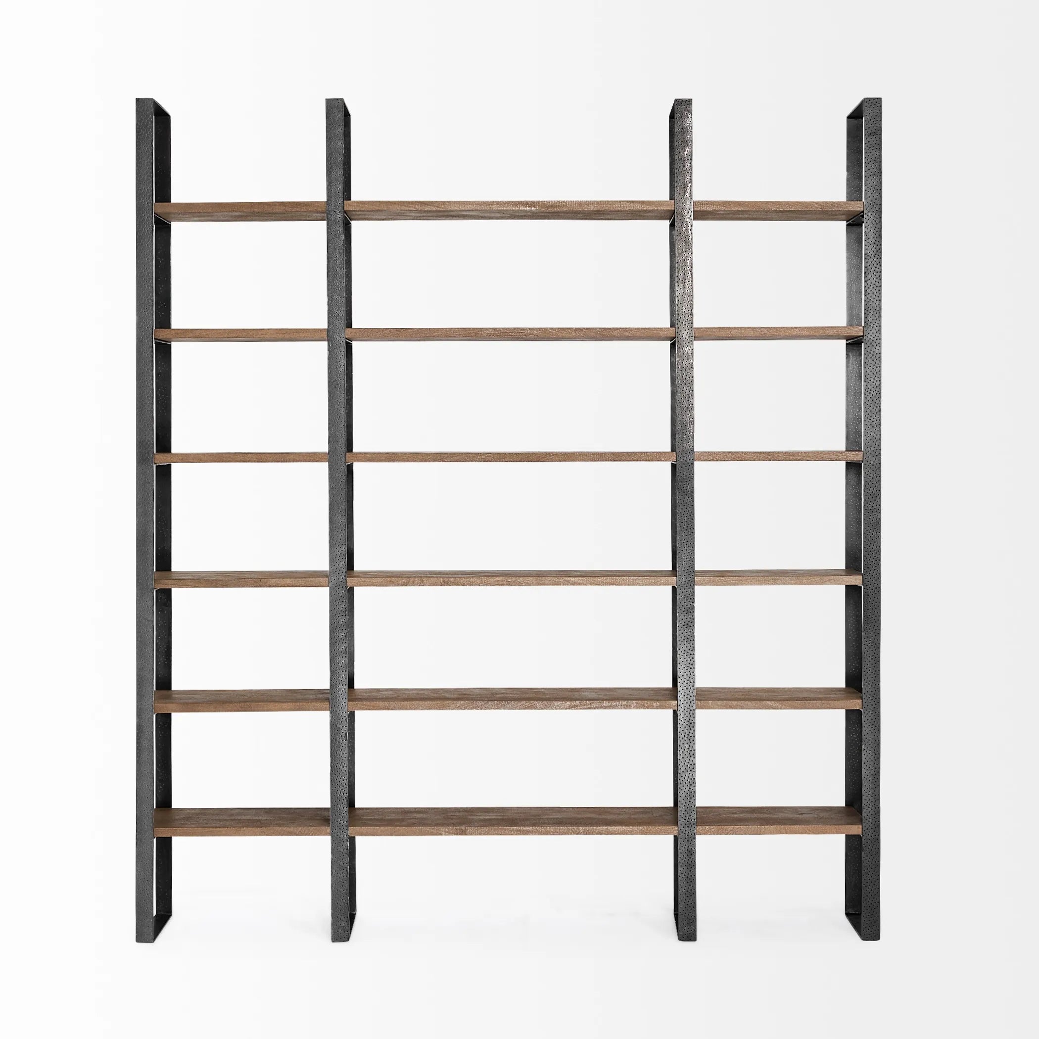Brown Iron and Solid Wood Six Tier Bookcase