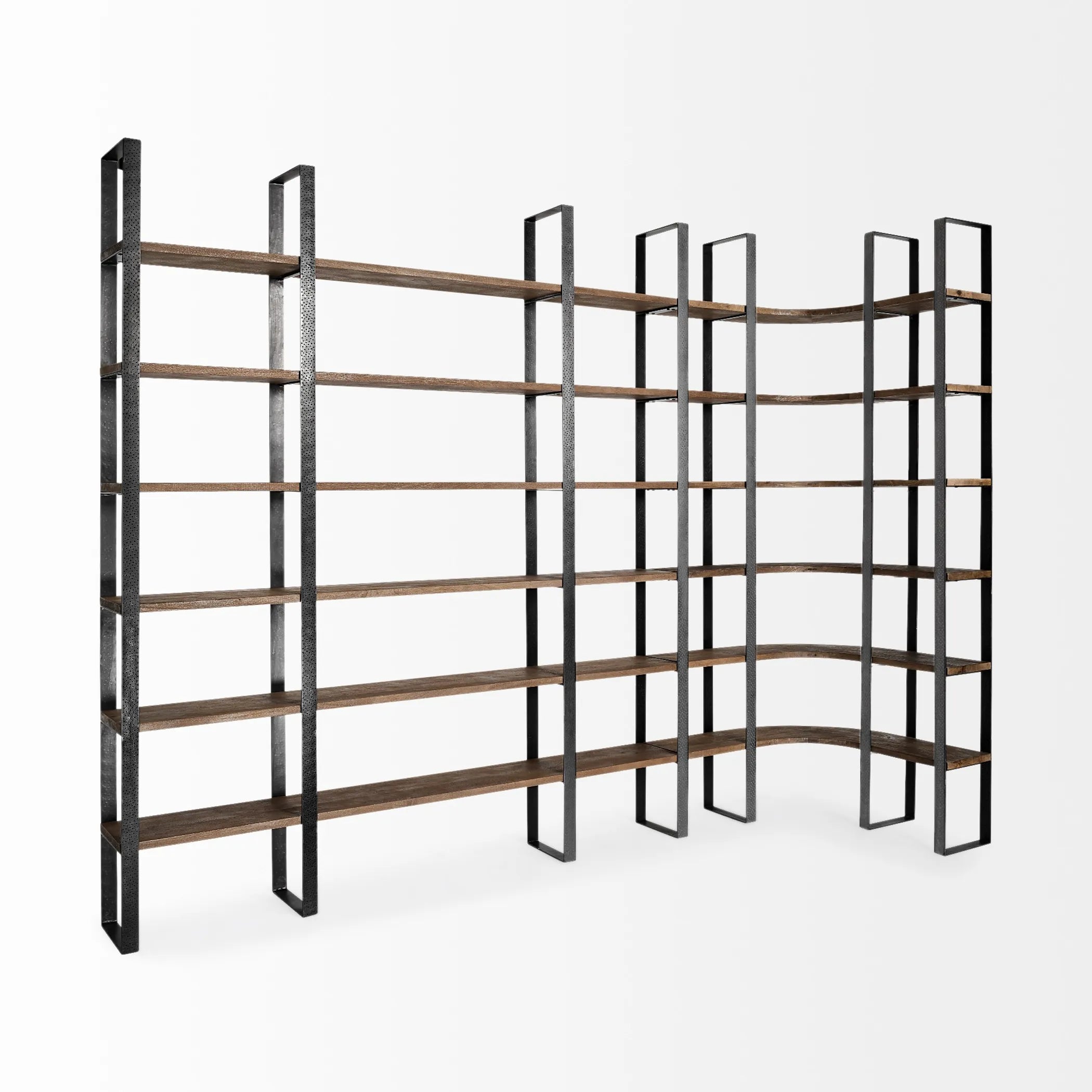 Brown Iron and Solid Wood Six Tier Bookcase