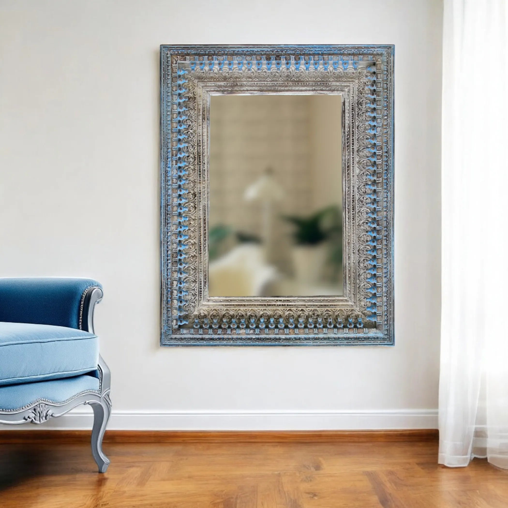 50" Blue and Silver Solid Wood Framed Accent Mirror