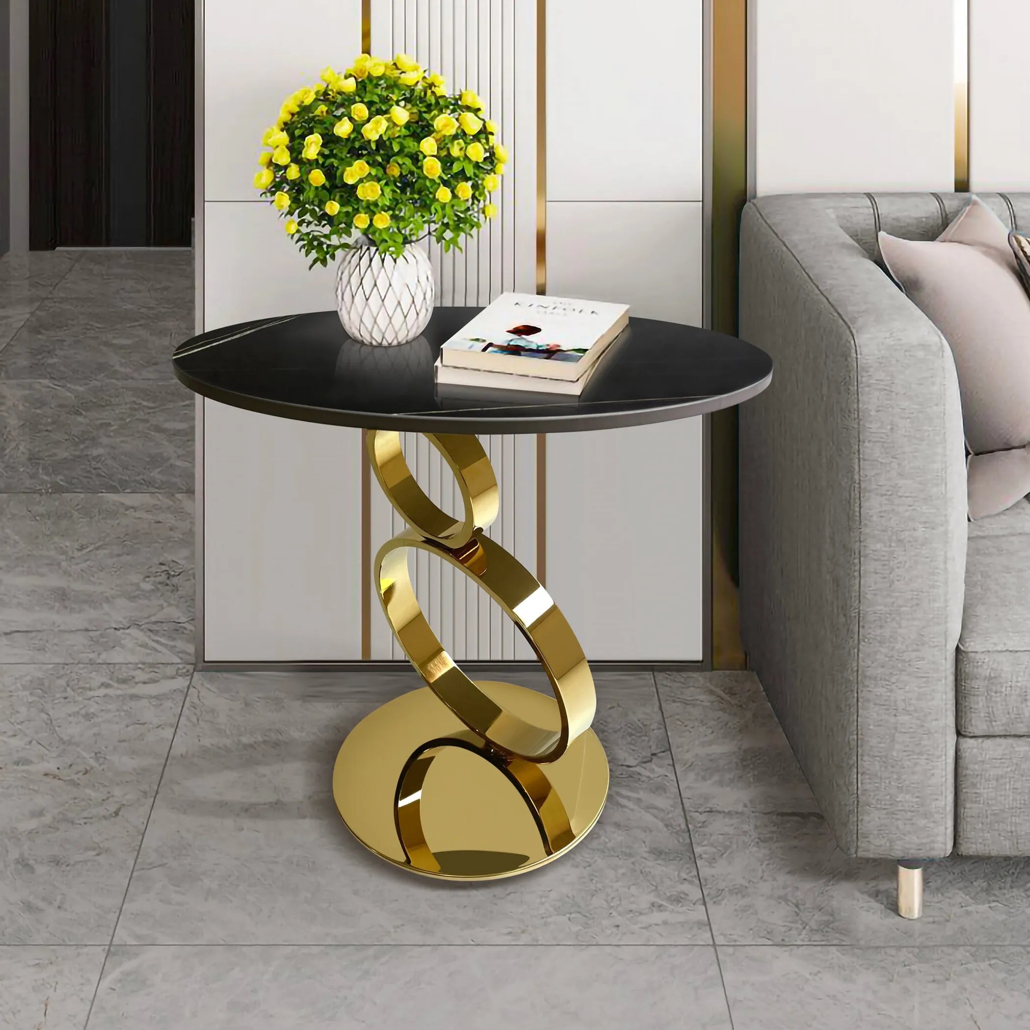 Stone Stainless Steel Round Pedestal End Table