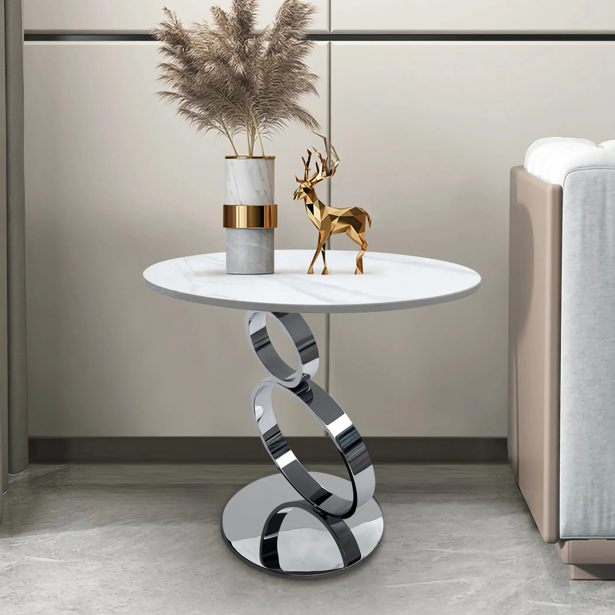 Stone Stainless Steel Round Pedestal End Table