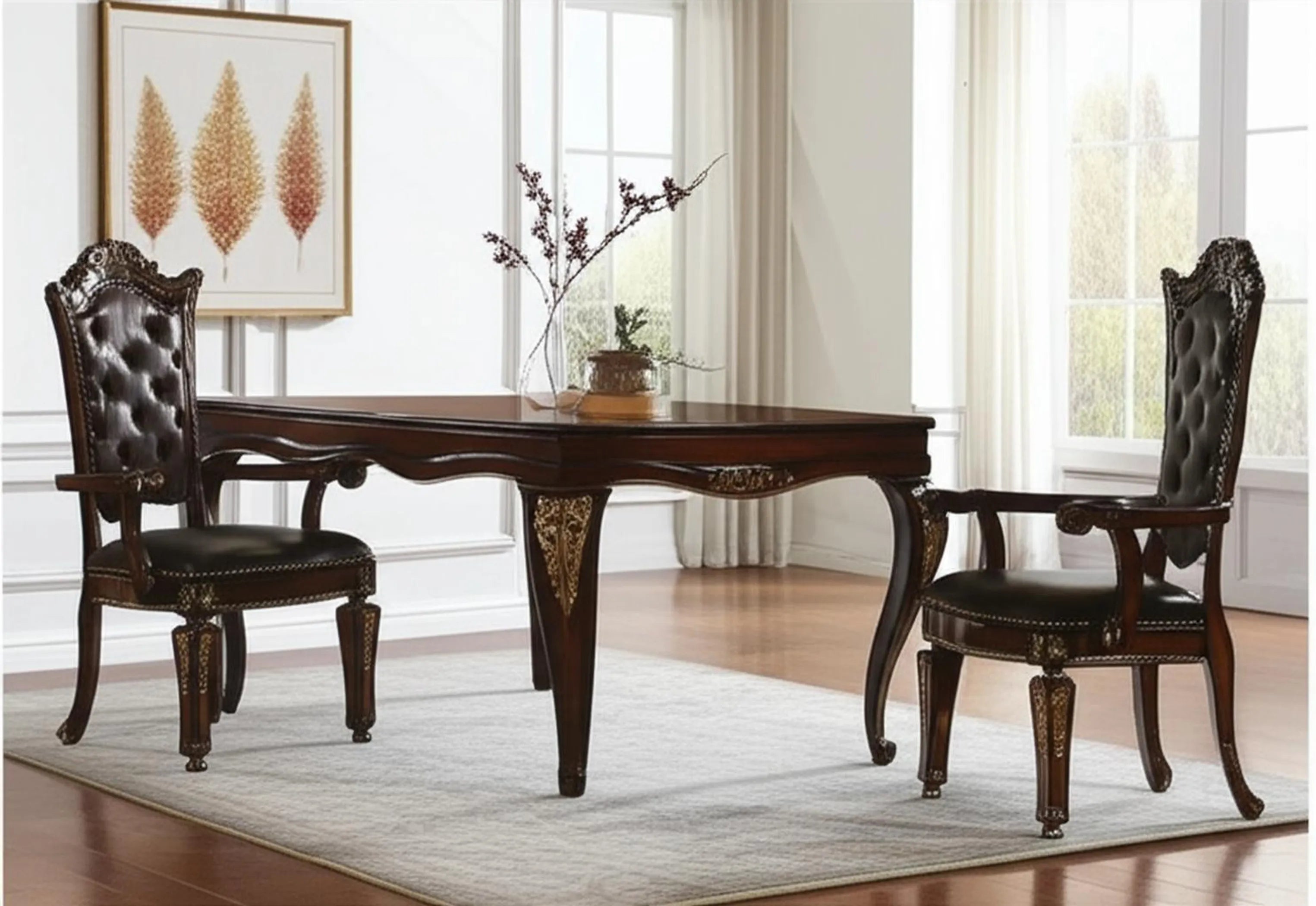 Set of Two Upholstered Faux Leather And Solid Wood Dining Arm Chairs