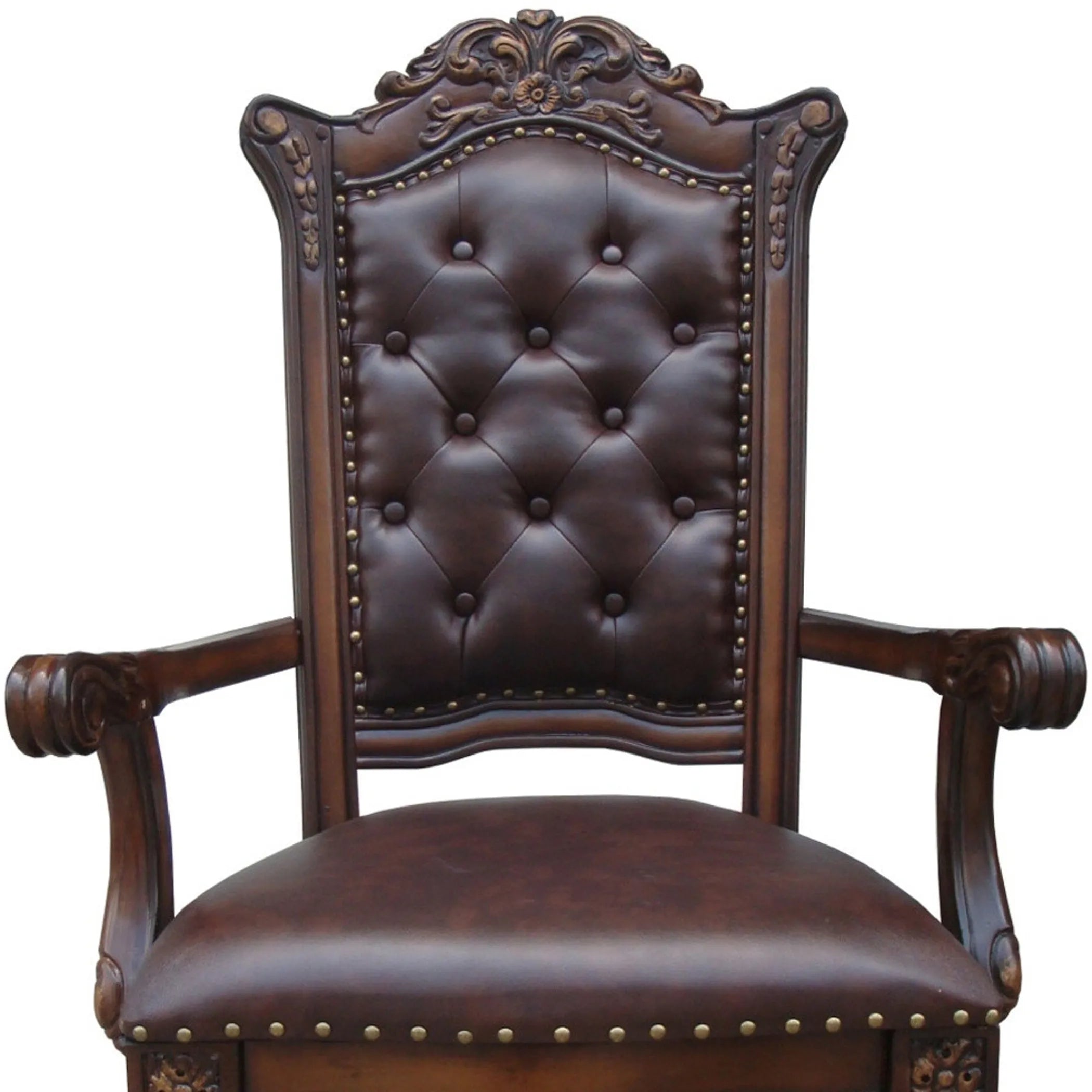 Set of Two Upholstered Faux Leather And Solid Wood Dining Arm Chairs