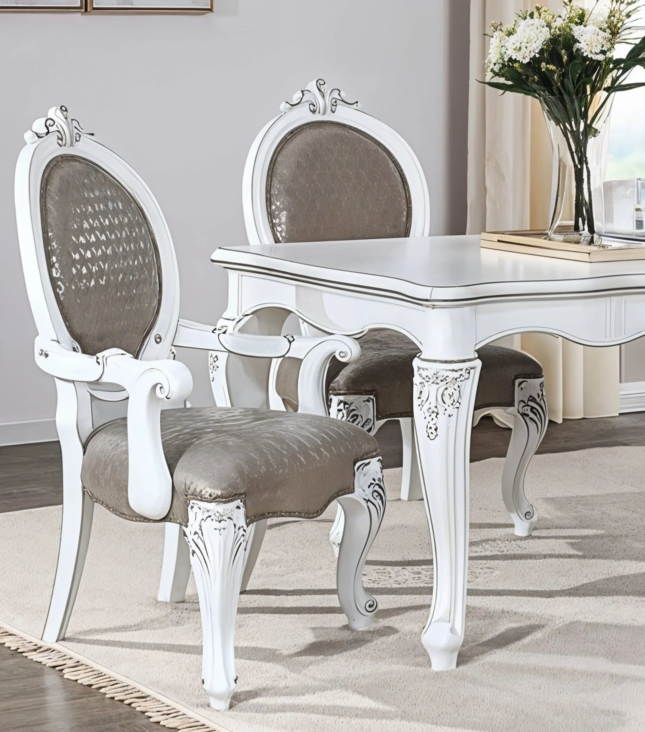 Set of Two Upholstered Faux Leather And Solid Wood King Louis Back Dining Arm Chairs
