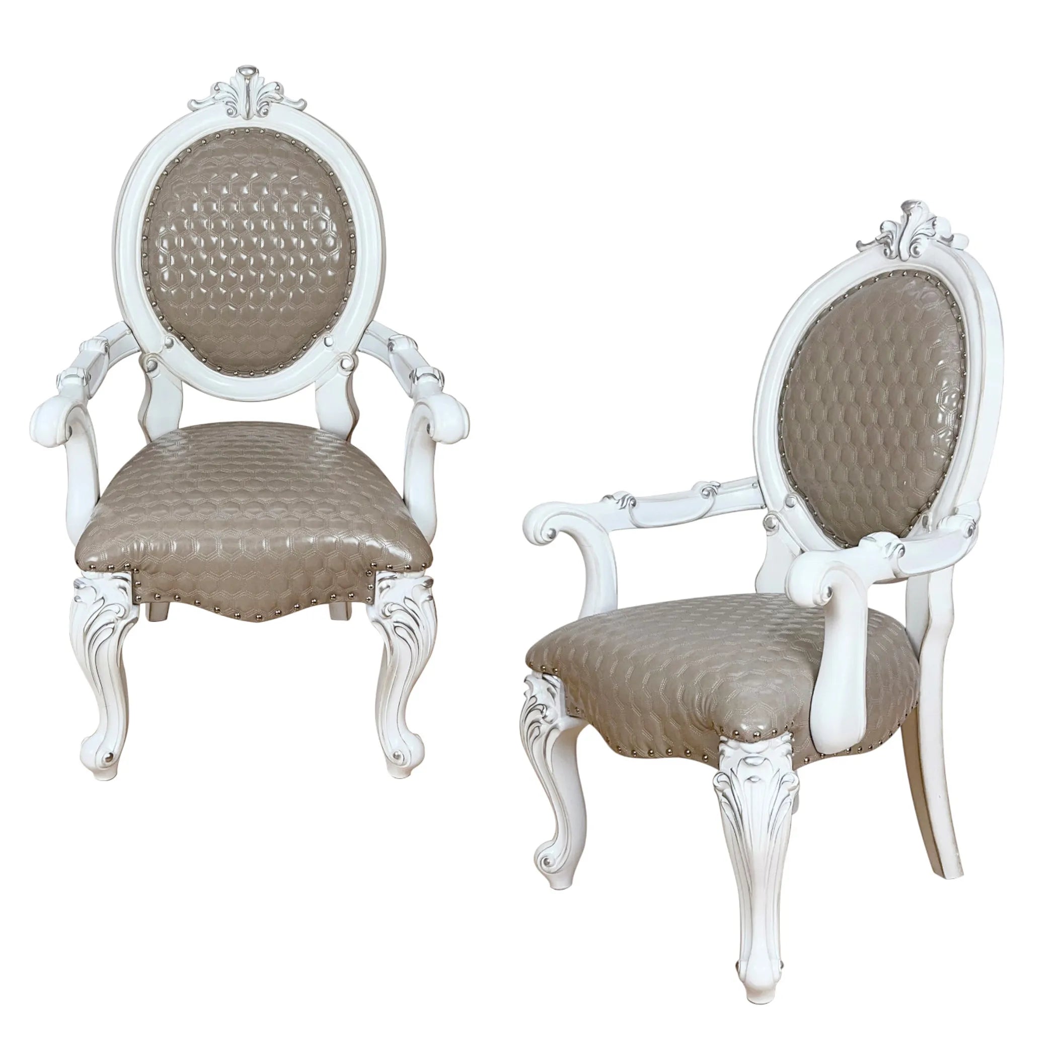 Set of Two Upholstered Faux Leather And Solid Wood King Louis Back Dining Arm Chairs