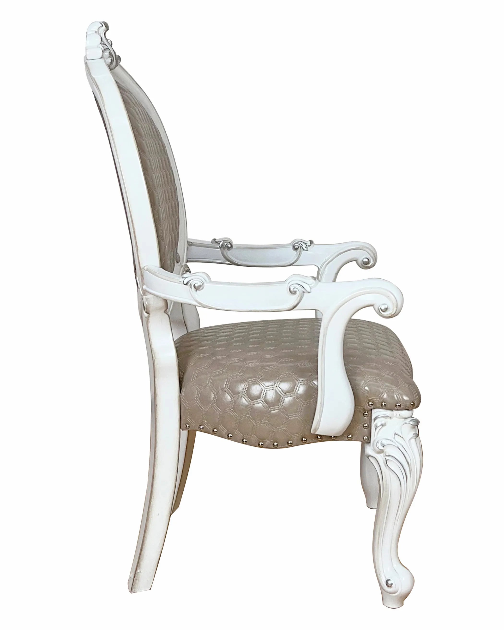 Set of Two Upholstered Faux Leather And Solid Wood King Louis Back Dining Arm Chairs
