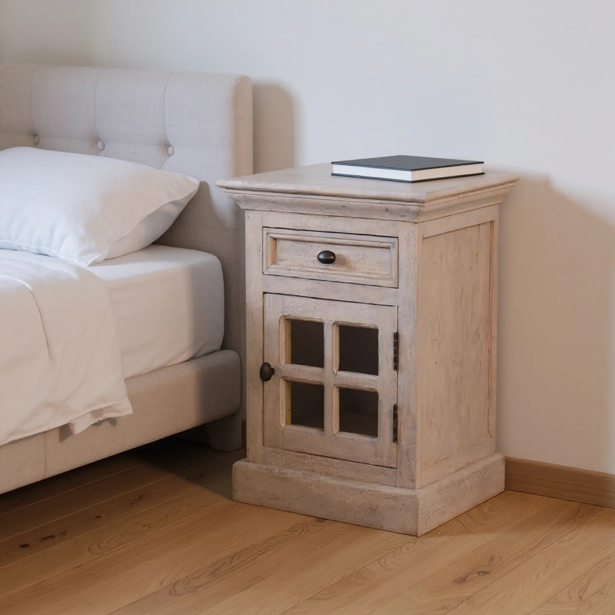 Wood Glass Distressed Two Drawer Nightstand