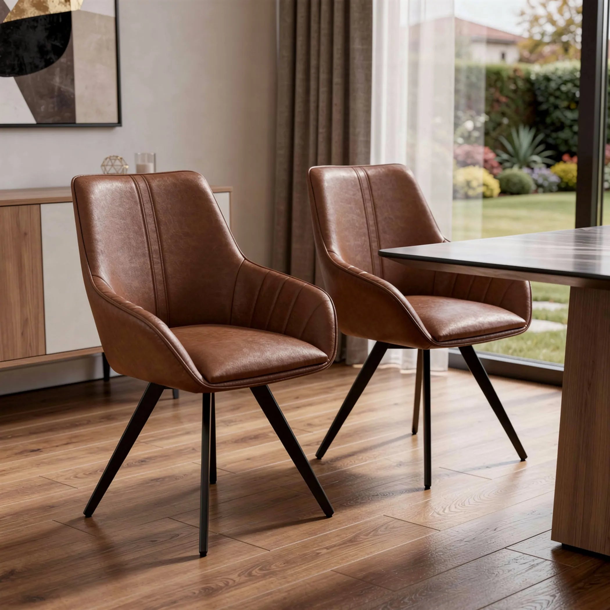 Faux Leather Wood Dining Arm Chairs