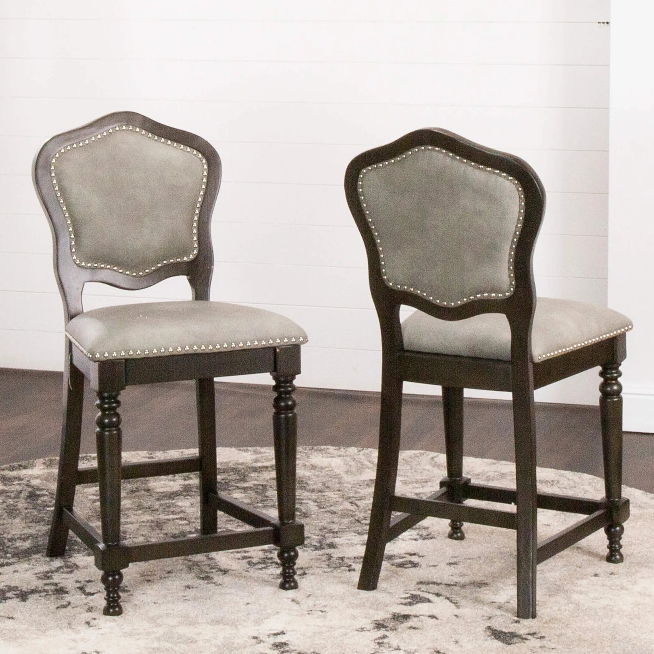 Sunset Trading Vegas Upholstered Barstools with Backs | Counter Height Dining Chairs | Distressed Gray Wood | Nailheads | Set of 2