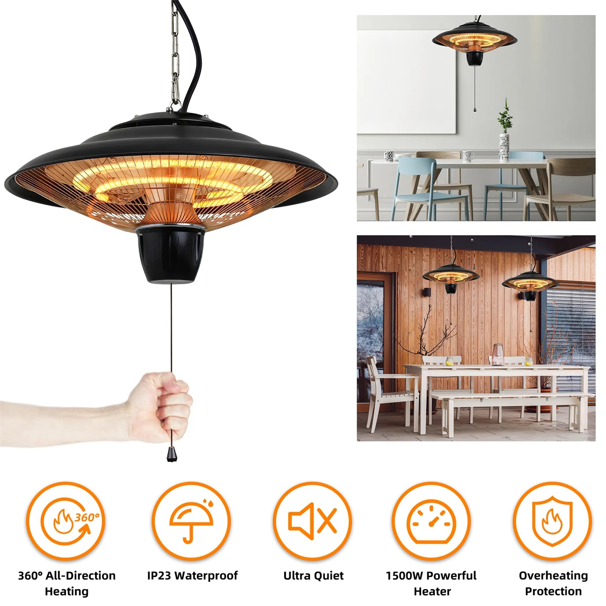 1500W Outdoor Hanging Patio Heater Ultra-Quiet Electric Heating Lamp