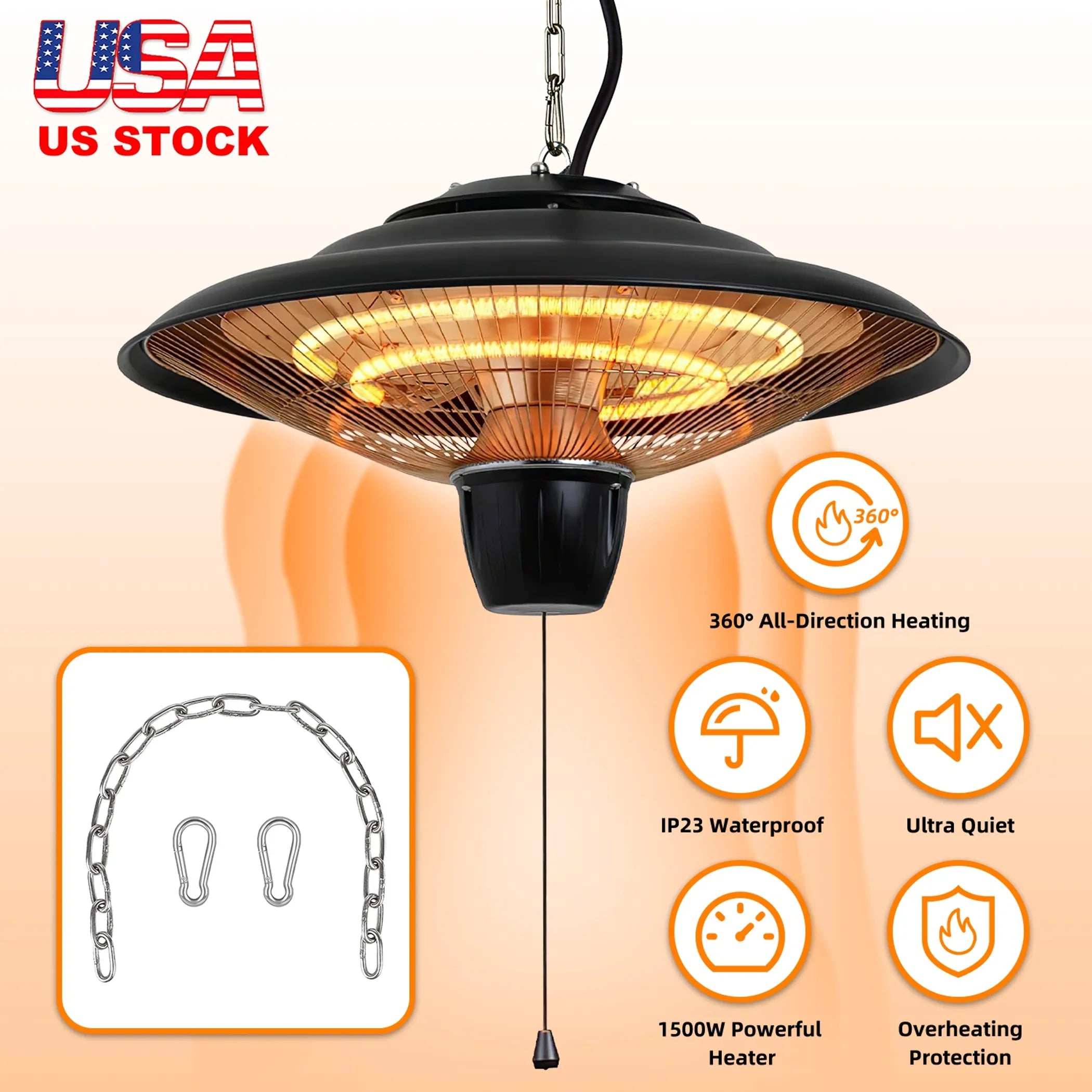 1500W Outdoor Hanging Patio Heater Ultra-Quiet Electric Heating Lamp