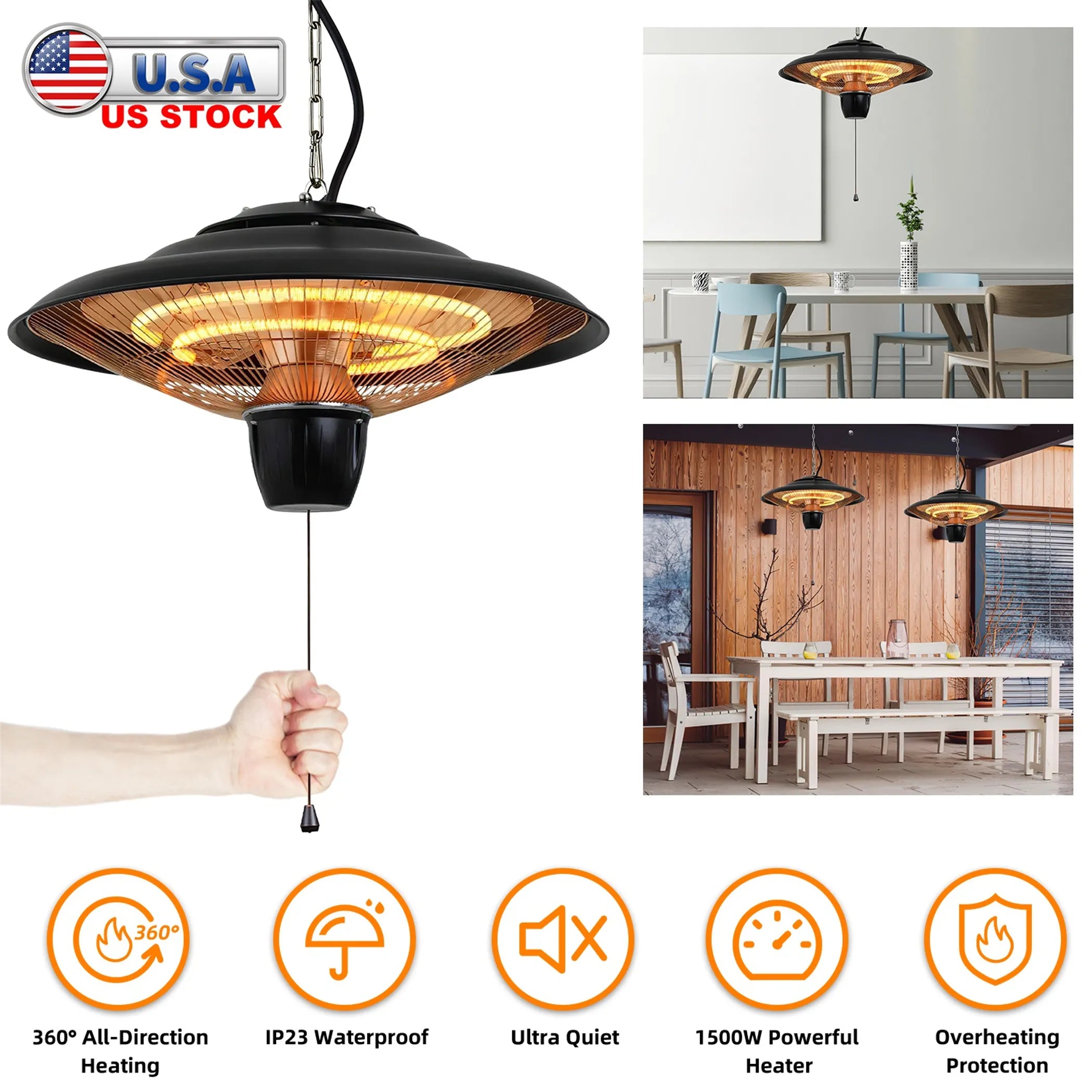 1500W Outdoor Hanging Patio Heater Ultra-Quiet Electric Heating Lamp