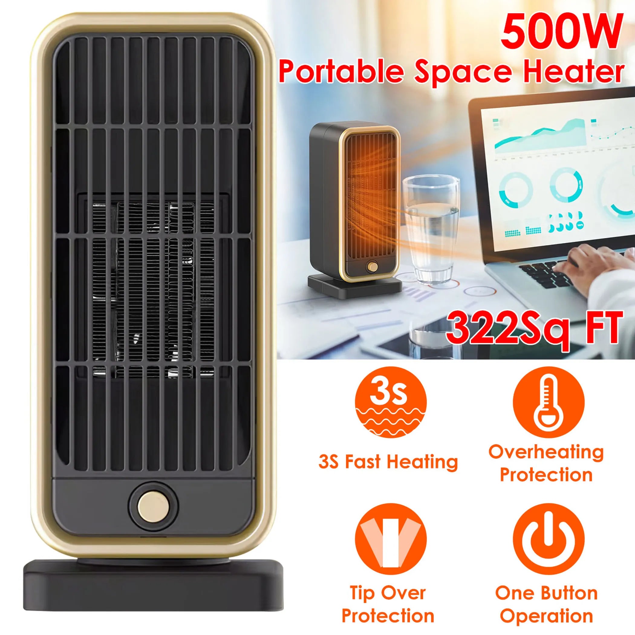500W Portable Electric Heater PTC Ceramic Heating Space Heater