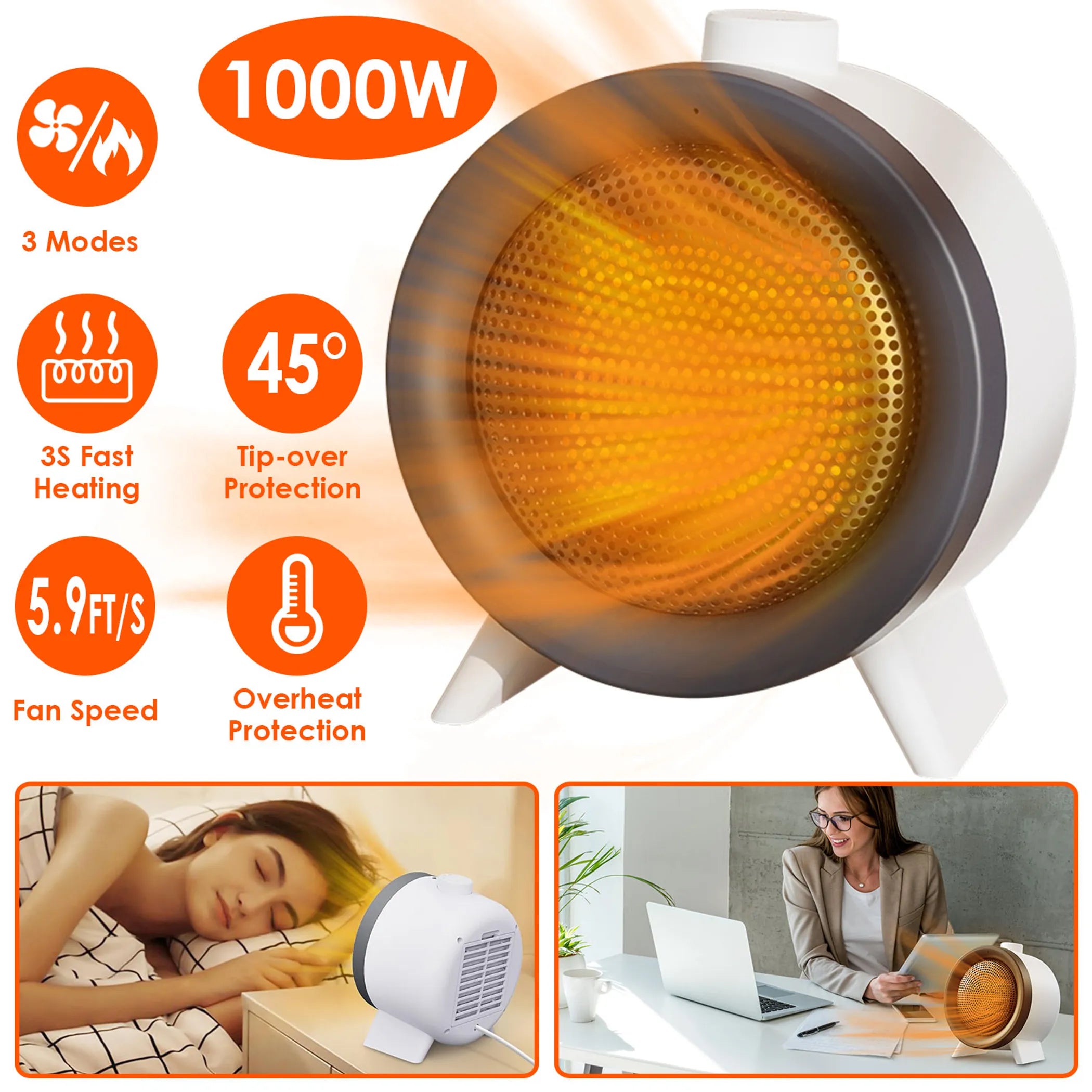 1000W Electric Space Heater Ceramic Heater Fan Heating Fan