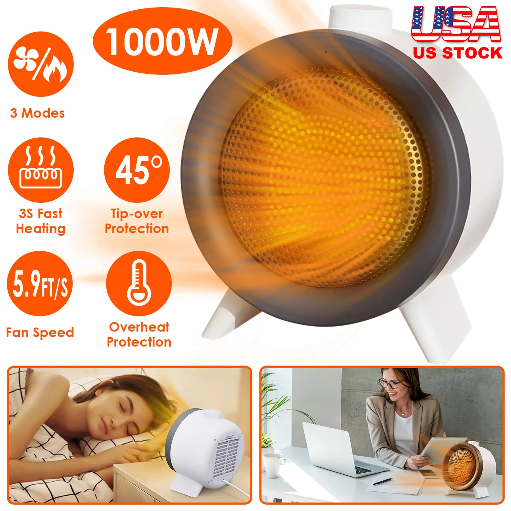 1000W Electric Space Heater Ceramic Heater Fan Heating Fan