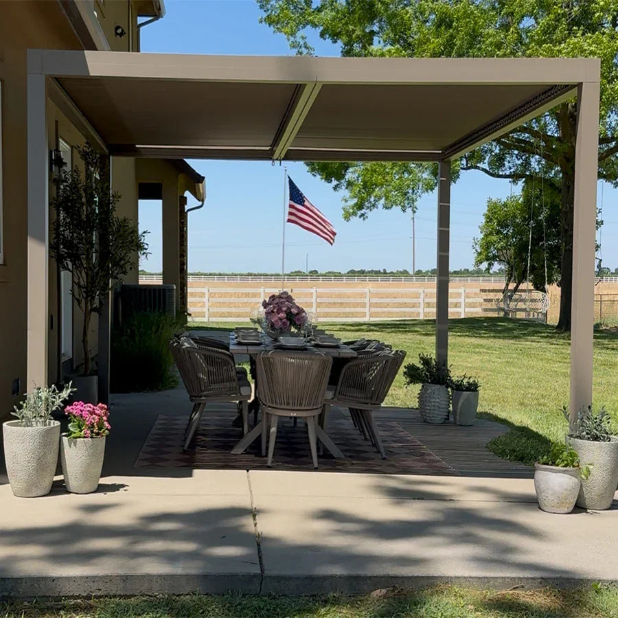 Modern Champagne Pergola with Adjustable Roof for Deck Backyard Garden 10' x 13'
