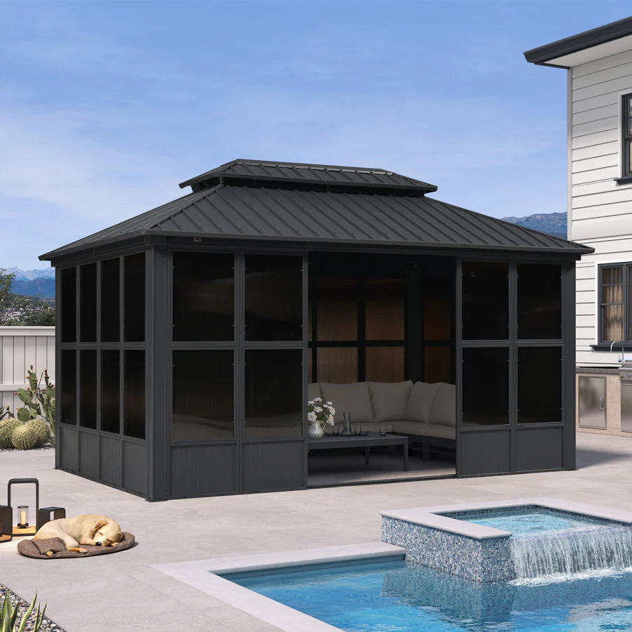Sunroom Hardtop Gazebo Solarium Grey Galvanized Steel Double Roof All-Weather Aluminum Outdoor Screen House 10' x 15'