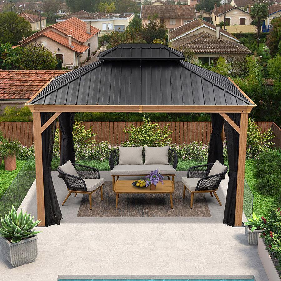 Hardtop Gazebo for Patio Wood Grain Galvanized Steel Frame Awning with Netting 10' x 12'
