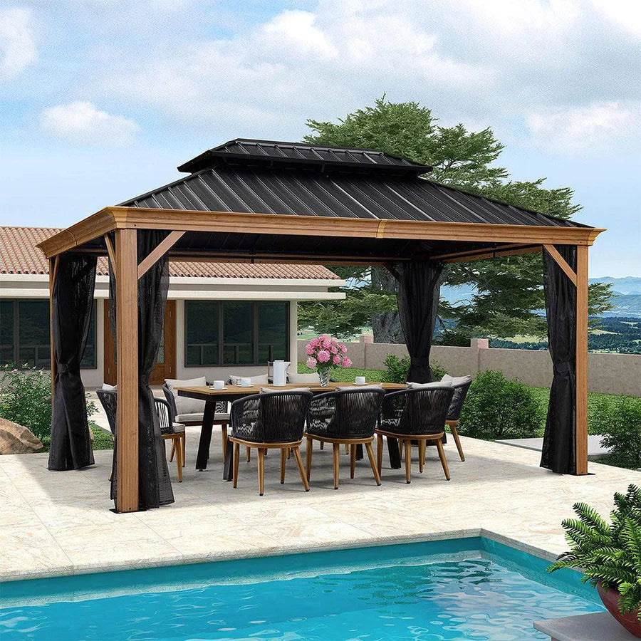 Hardtop Gazebo for Patio Wood Grain Galvanized Steel Frame Awning with Netting 10' x 14'