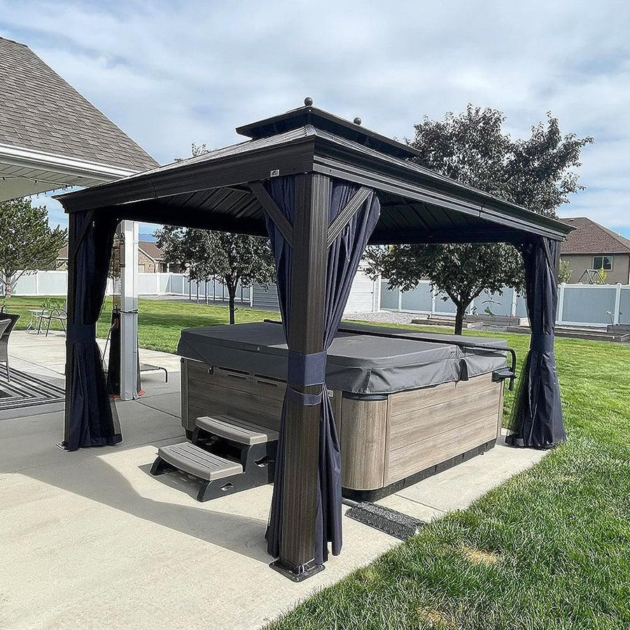 Outdoor Hardtop Gazebo for Patio Bronze Aluminum Frame Pavilion with Navy-Blue Curtain 10' x 12'