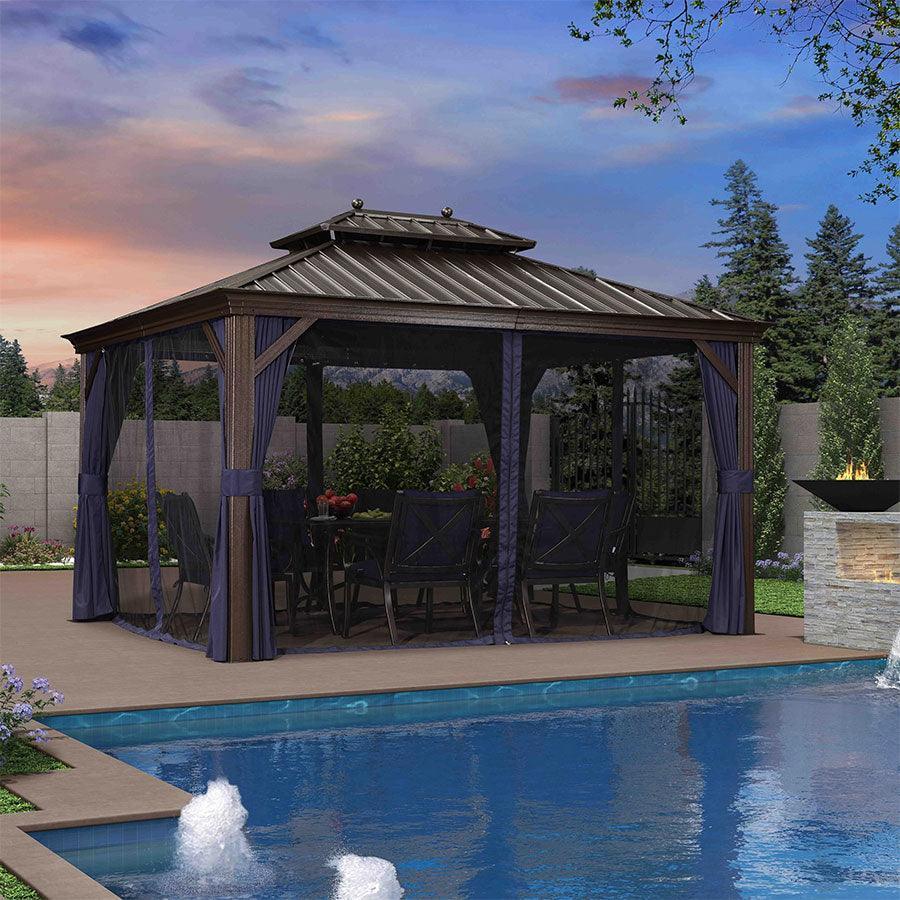 Outdoor Hardtop Gazebo for Patio Bronze Aluminum Frame Pavilion with Navy-Blue Curtain 10' x 14'