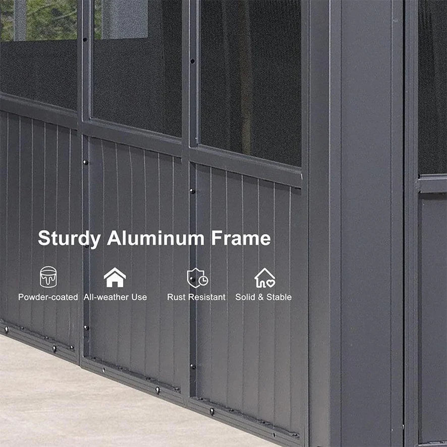 Sunroom Hardtop Gazebo Solarium Grey Galvanized Steel Double Roof All-Weather Aluminum Outdoor Screen House 10' x 15'