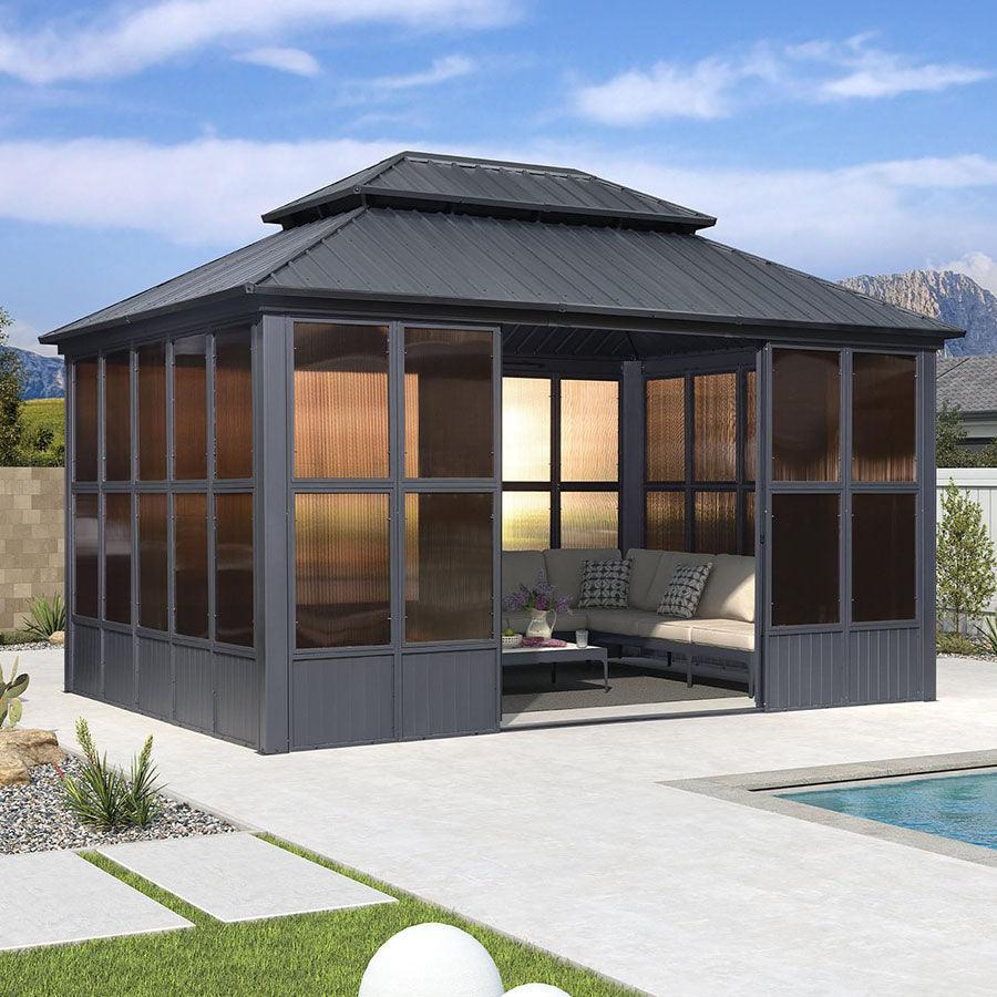 Sunroom Hardtop Gazebo Solarium Grey Galvanized Steel Double Roof All-Weather Aluminum Outdoor Screen House 12' x 16'