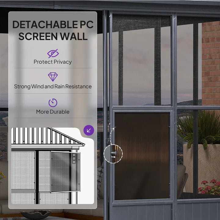 Sunroom Hardtop Gazebo Solarium Grey Galvanized Steel Double Roof All-Weather Aluminum Outdoor Screen House 10' x 15'