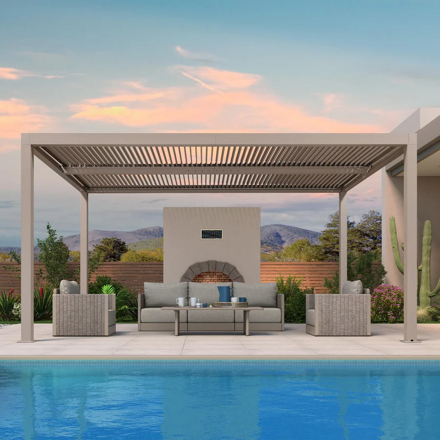 Modern Champagne Pergola with Adjustable Roof for Deck Backyard Garden 10' x 15'