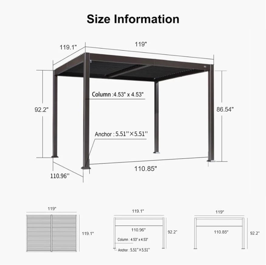 Modern Bronze Patio Aluminum Pergola for Deck Backyard Garden Hardtop Gazebo 10' x 10'