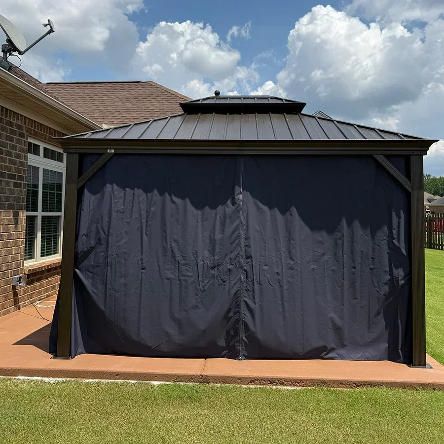Outdoor Hardtop Gazebo for Patio Bronze Aluminum Frame Pavilion with Navy-Blue Curtain 10' x 12'